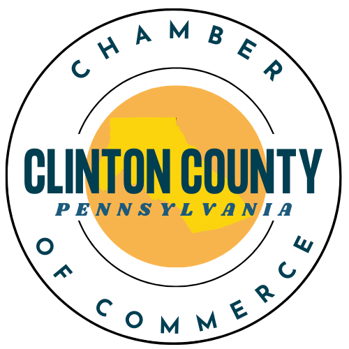 Seal for Clinton County, Pennsylvania, featuring a map of the county with a yellow highlight, the text 'Clinton County' and 'Pennsylvania', and the words 'Chamber of Commerce' around the border.