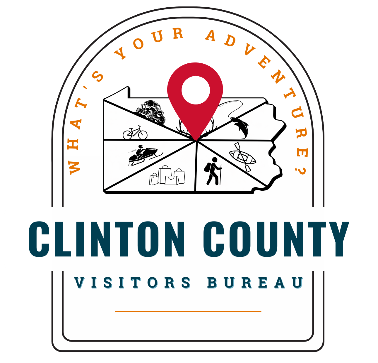 Clinton County Visitors Bureau logo featuring a map outline with travel icons, a red location pin, and the text 'Whats Your Adventure?' with 'Clinton County' and 'Visitors Bureau'.